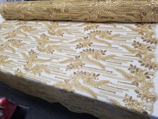 Gold Bridal Wedding Floral Mesh Lace Fabric by Yard
