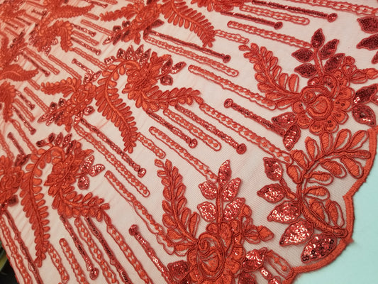 Red Bridal Wedding Floral Mesh Lace Fabric by Yard