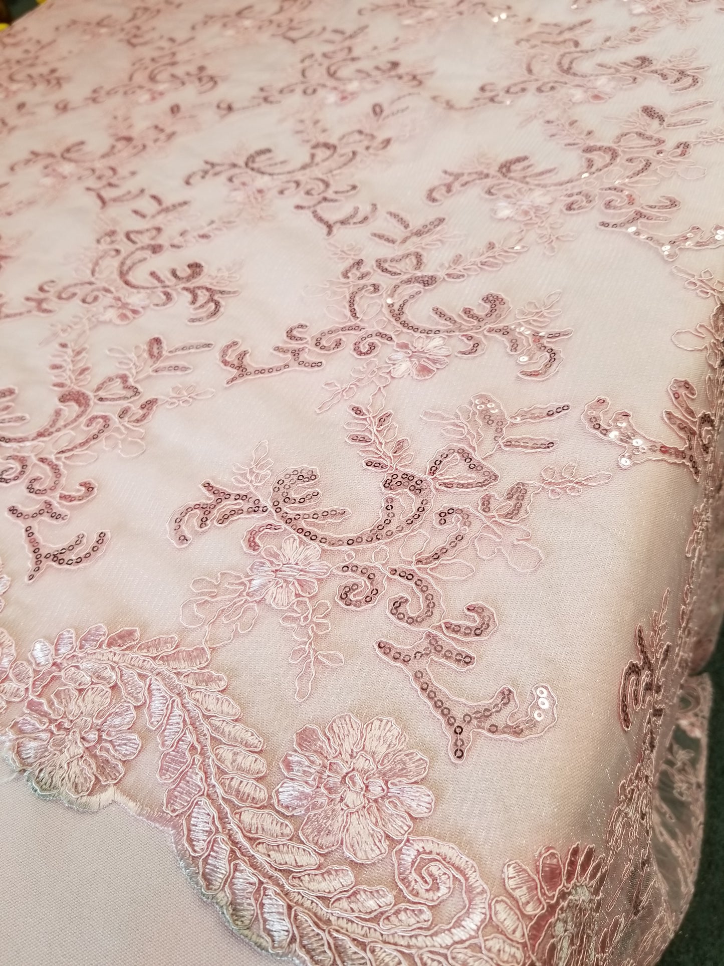 Light Pink French Corded Design-embroider With Sequins On A Mesh Lace Fabric-by Yard