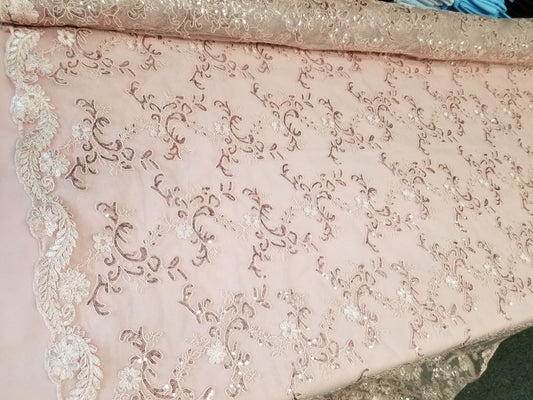 Blush French Corded Design-embroider With Sequins On A Mesh Lace Fabric- by Yard.