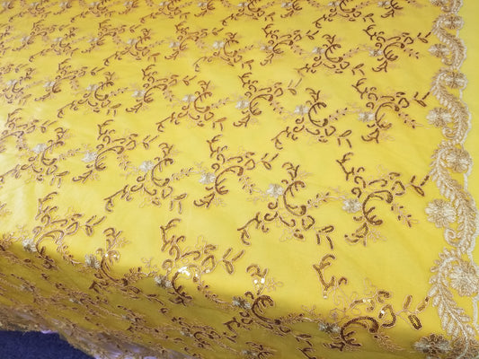 Yellow Gold French Corded Design-embroider With Sequins On A Mesh Lace Fabric-by Yard