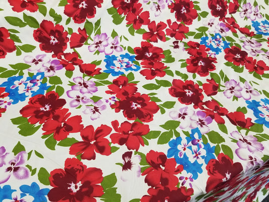 Poly Cotton Fabric By the Yard  Sateen - Floral Cotton Flower (Off White Red Lavender Pink))