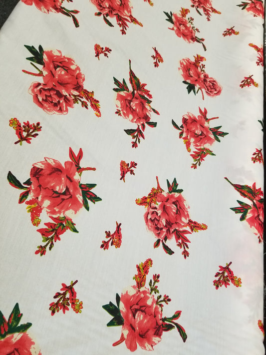 Poly Cotton Fabric By the Yard Sateen - Floral Cotton Flower (Off White Pink Green)