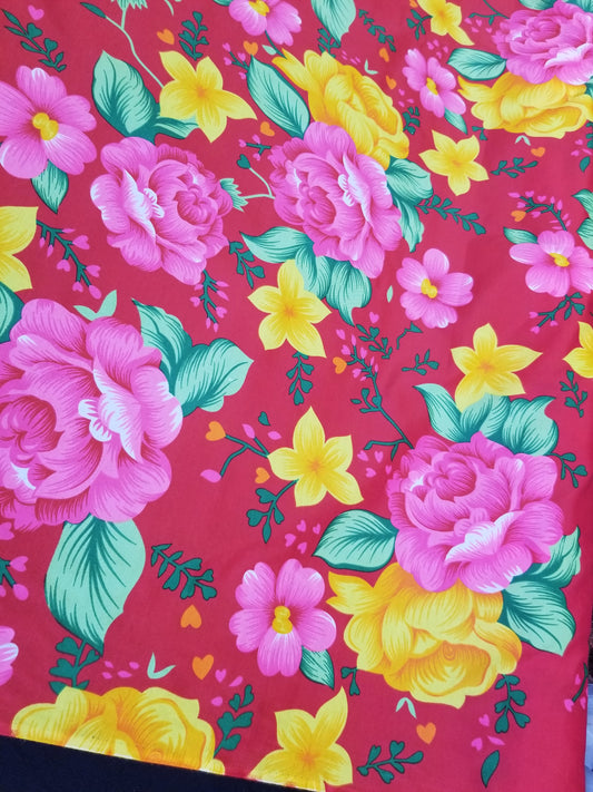 Poly Cotton Fabric By the Yard  Sateen - Floral Cotton Flower (Fuschia Pink Yellow Gold)