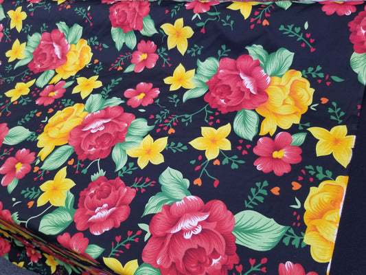 Poly Cotton Fabric By the Yard  Sateen - Floral Cotton Flower (Black Red Yellow Gold)