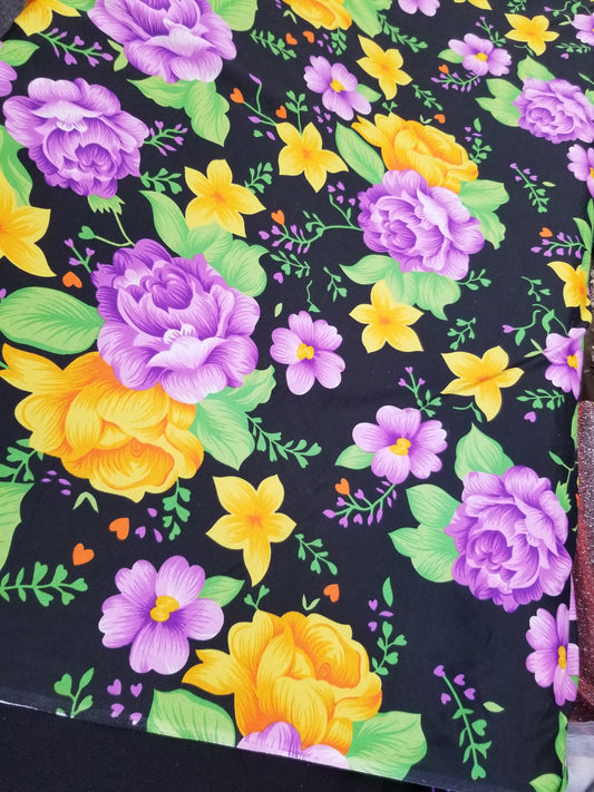 Poly Cotton Fabric By the Yard  Sateen - Floral Cotton Flower (Black Lavender Yellow Gold))