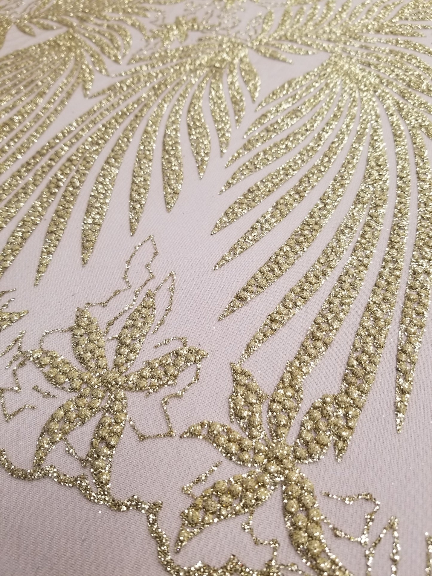 Gold Floral Glitter Embroidery Mesh Lace Wedding Party Dress Fabric