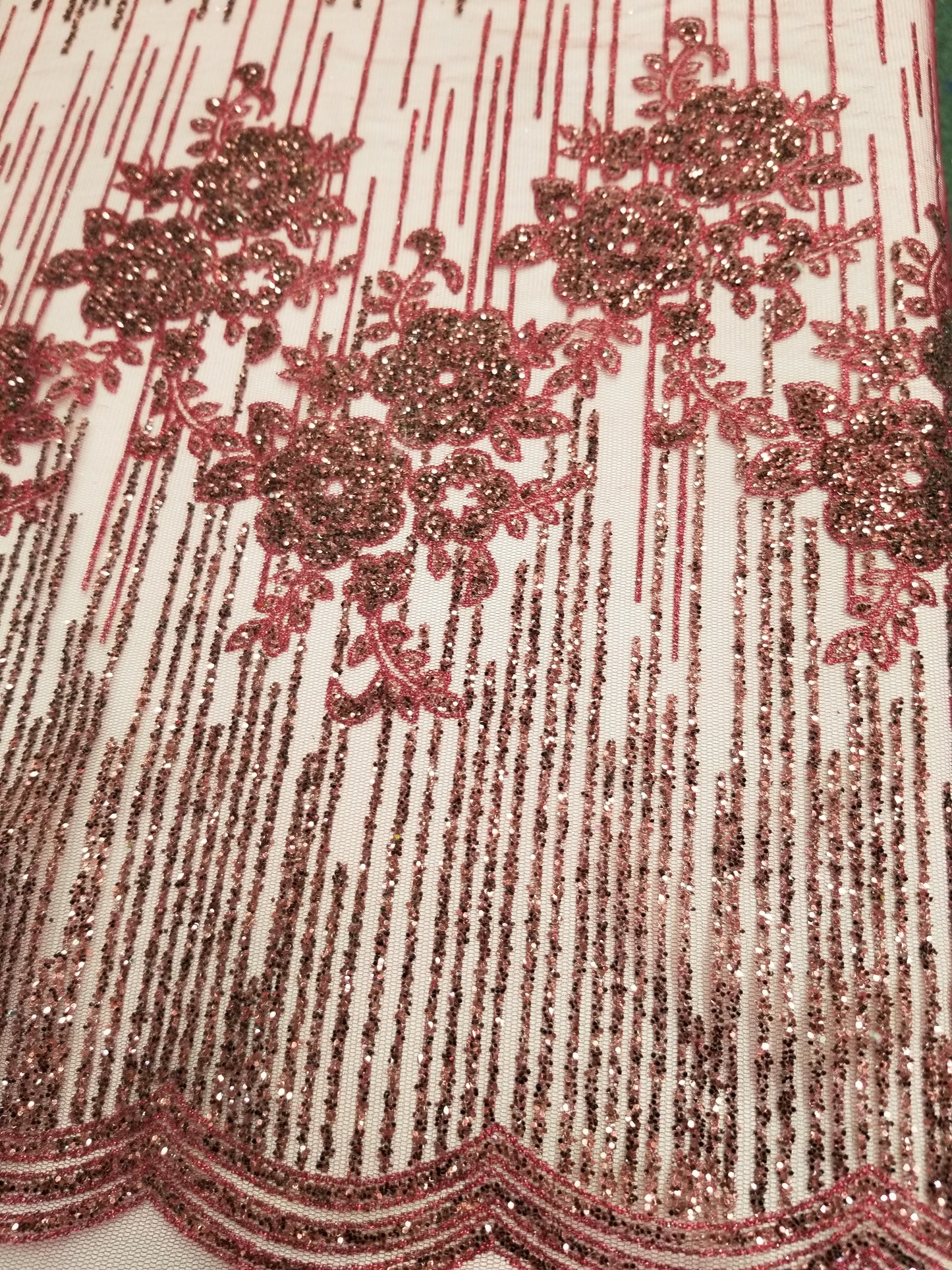 Burgundy Floral Glitter Embroidery Mesh Lace Wedding Party Dress Fabric