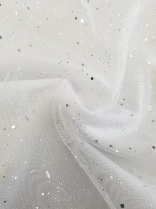 White Glitter Tulle Fabric by the Yard, Wholesale Sparkle Mesh, Shimmer Fabric for Wedding Gown, Decor, Backdrop etc.