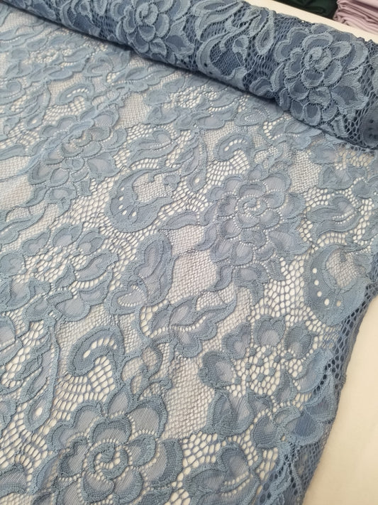 Steel Blue 4 way Stretch Fabric Soft Elastic Floral Lace Fabric, Evening Dress Lace Fabric Sold by Yard