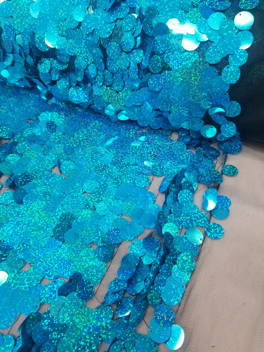 Turquoise Iridescent Jumbo Size Tear Drop Sequins on Stretch Mesh Base 2 Way Stretch 56/57" Sold by the Yard