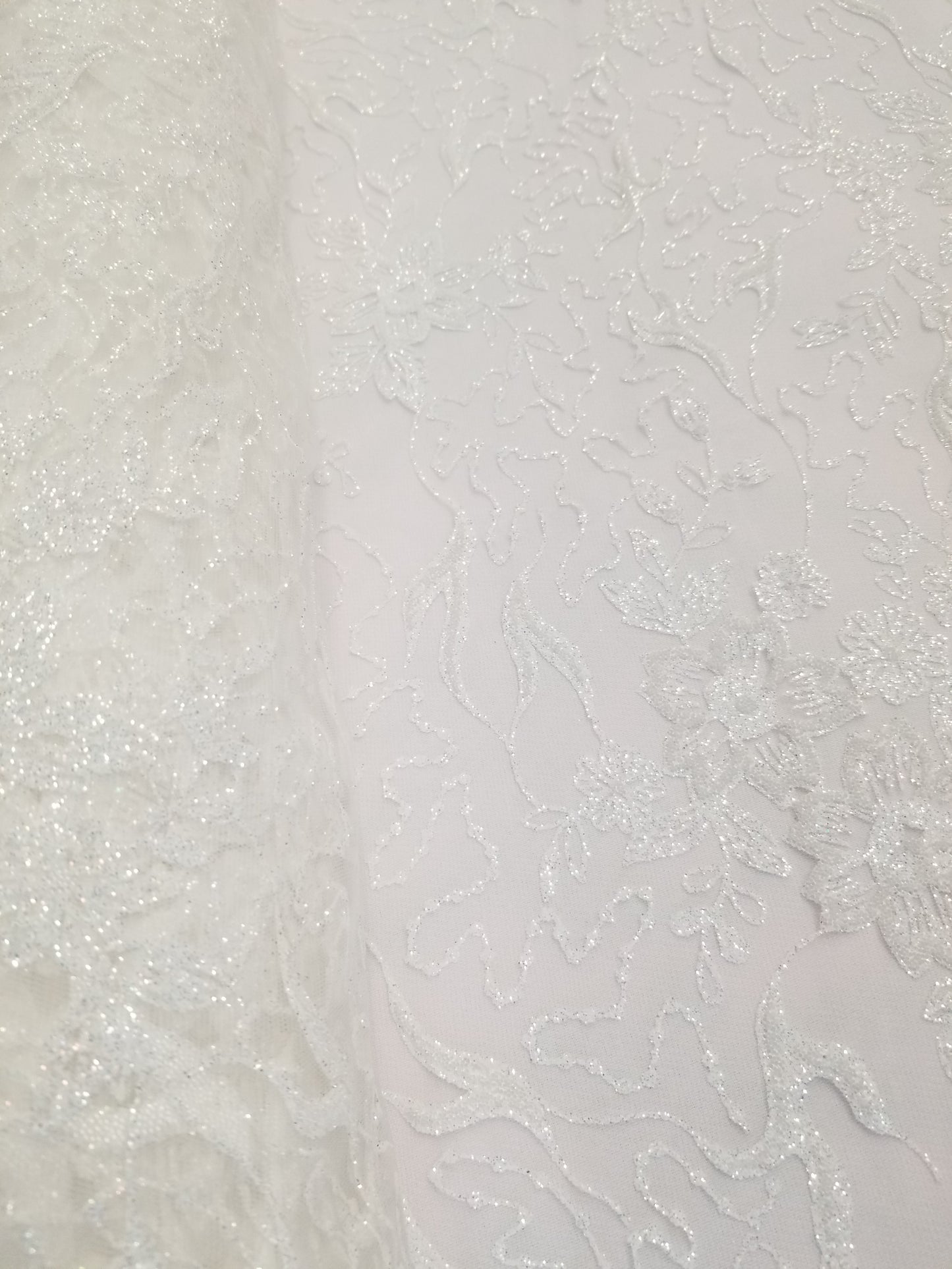 60" Off White French Floral Design Lace with Glitter and Sequins in Mesh by the Yard