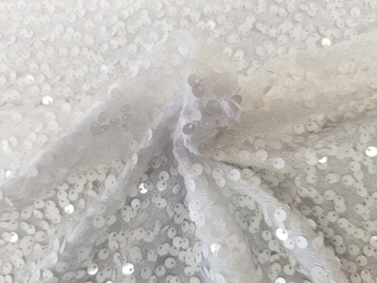 White Sequins Embroidered Stretch Velvet Prom Couture Fabric - Sold By The Yard