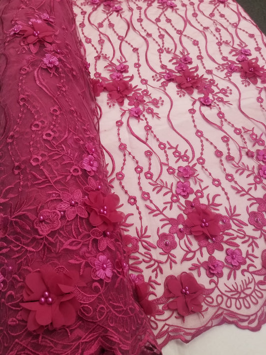 Fuschia 3D Embroidered Satin Floral  Wedding Lace Fabric - Sold By The Yard