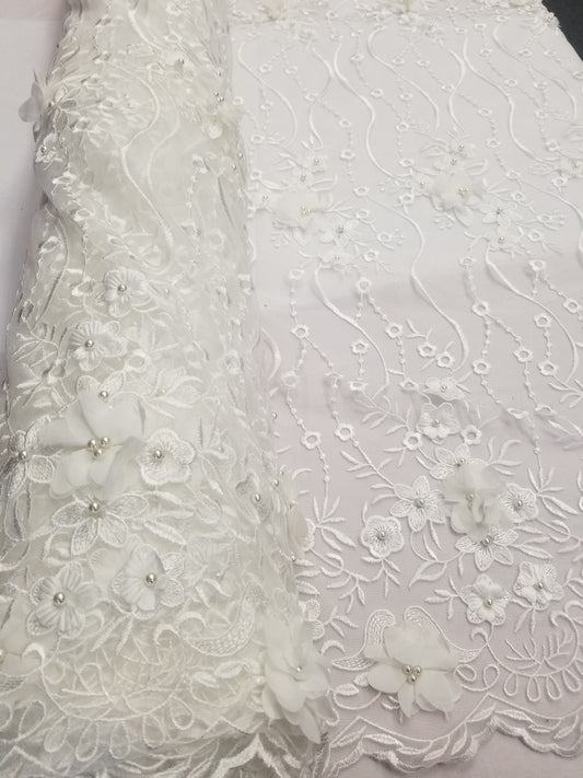 Ivory 3D Embroidered Satin Floral  Wedding Lace Fabric - Sold By The Yard