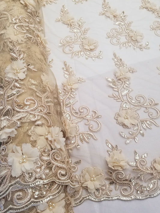 Champagne 3D Embroidered Satin Floral  Wedding Lace Fabric - Sold By The Yard